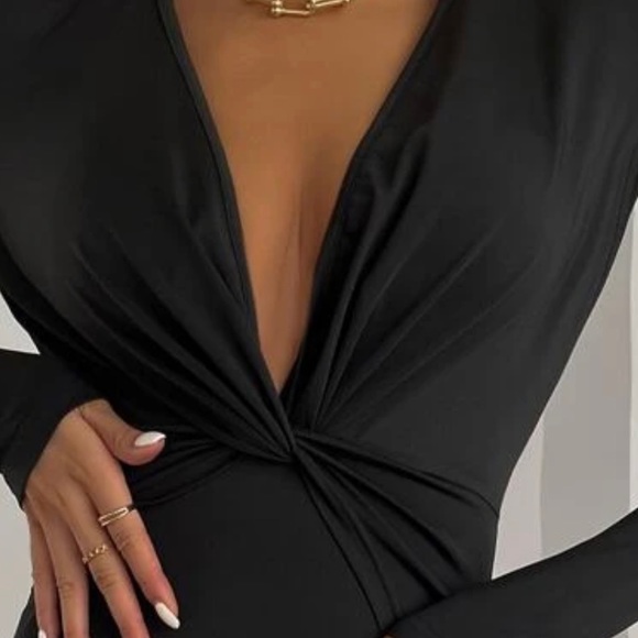WOMENS twist front plunging neck bodycon long sleeve dress - Picture 4 of 8